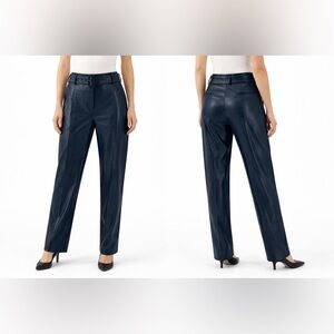 Ann Taylor Elegant Teal Faux Leather High-Waist Straight-Leg Pants with Belt